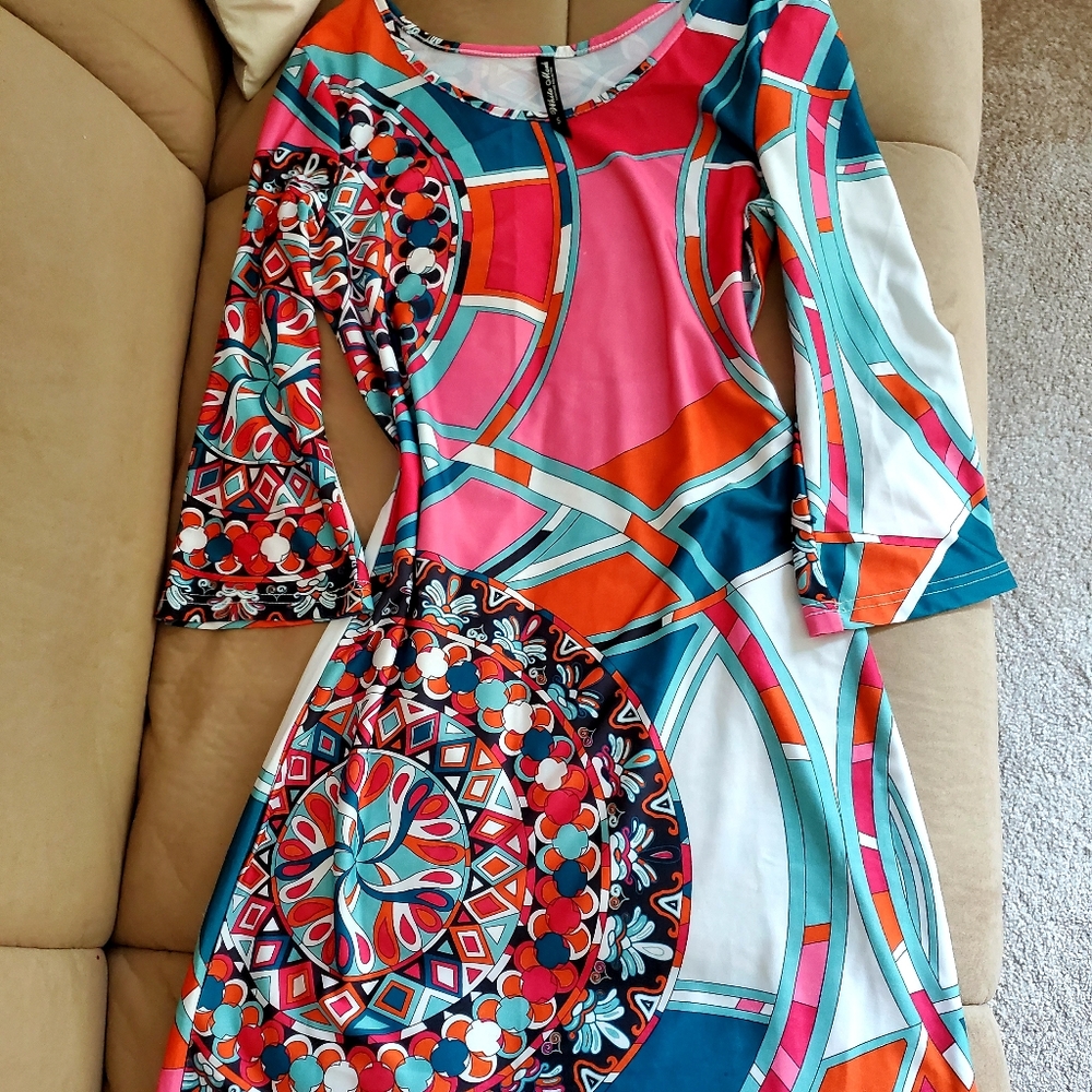 White Mark Colorful Colorblock Mini Dress 3/4 Sleeeves